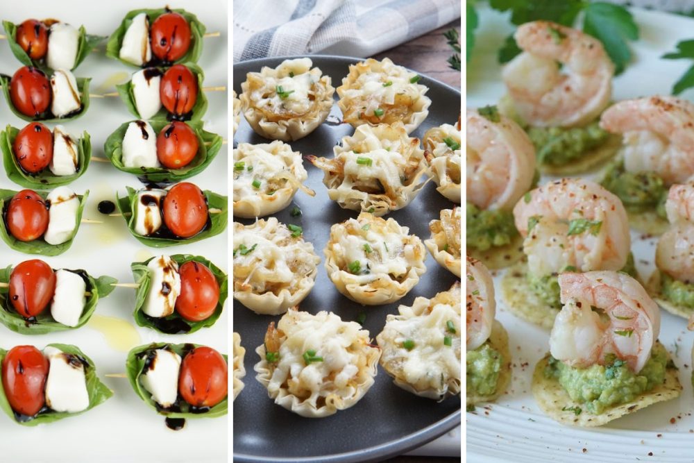 caprese bites, french onion bites, and tortilla shrimp bites