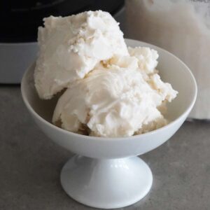 Vanilla ice cream in a dish.