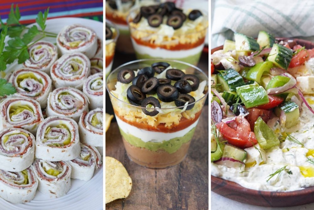 Italian pinwheels, 7 layer dip cups, and loaded tzatziki