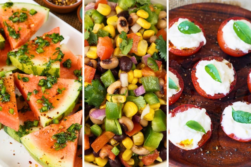 burrata stuffed tomatoes, spicy watermelon, and cowboy caviar