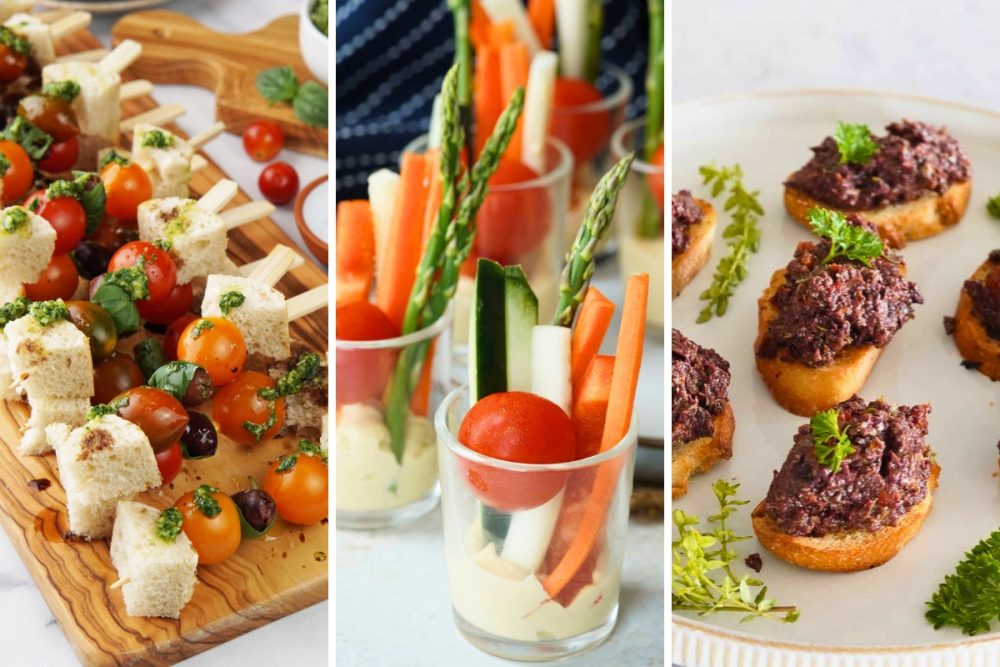 panzanella skewers, hummus crudite cups, and olive tapenade crostini