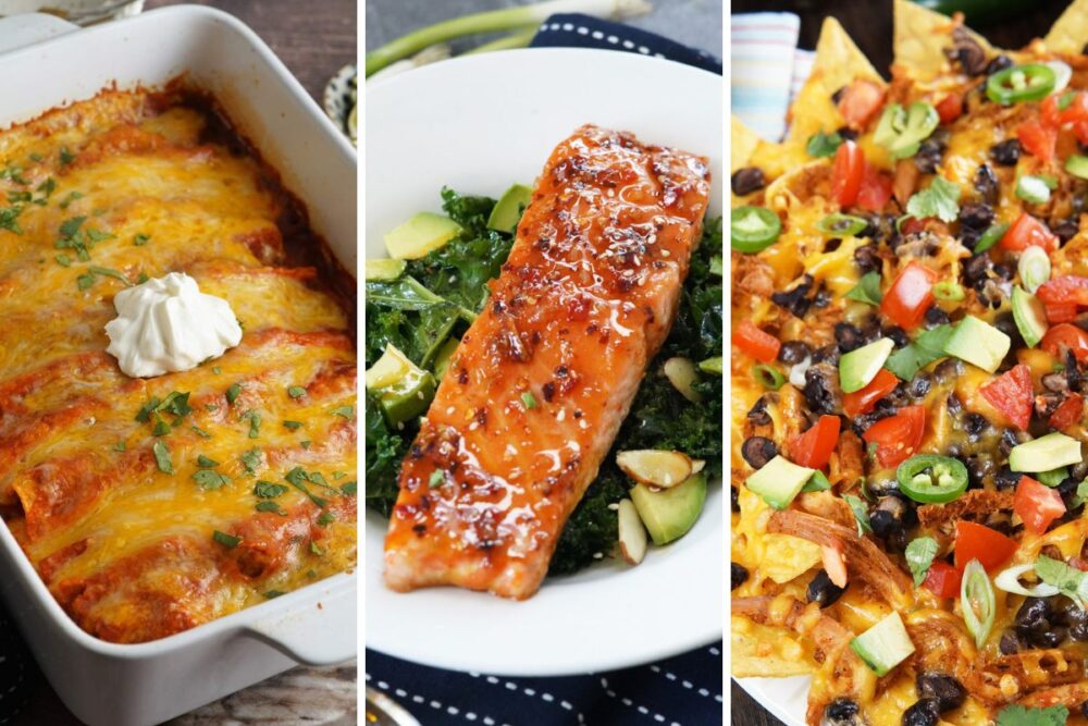 Turkey enchiladas, sweet chili salmon, and sheet pan nachos