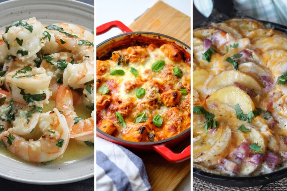 shrimp scampi, tomato and mozzarella gnocchi, and potatoes au gratin