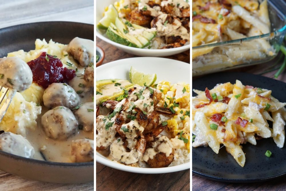 Swedish meatballs, grilled shrimp salad, chicken bacon ranch pasta
