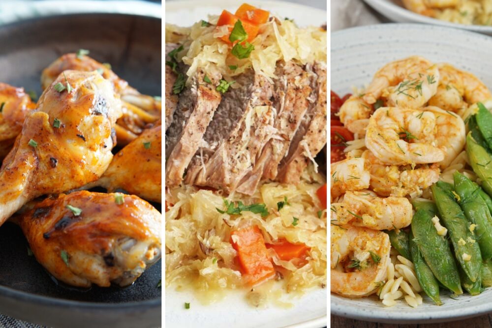 Instant Pot drumsticks, pork roast and sauerkraut, and lemon pepper shrimp orzo bowls