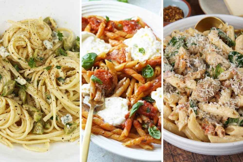 dirty martini pasta, tomato burrata pasta, and creamy Tuscan sausage pasta