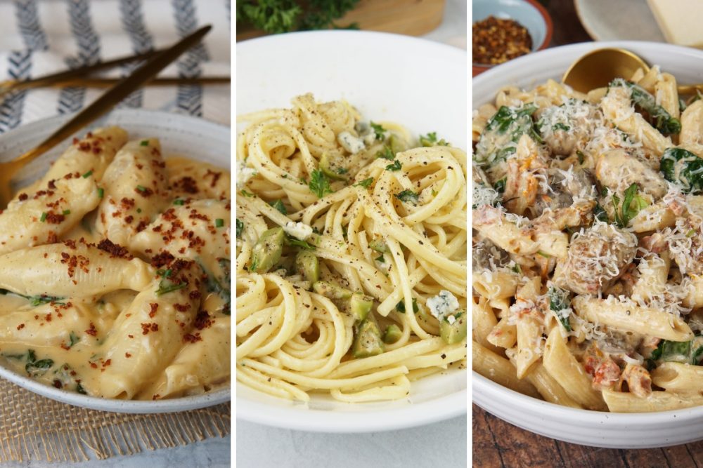 elevated mac and cheese, dirty martini pasta, and creamy tuscan pasta