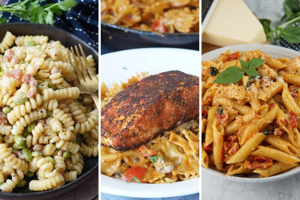 Creamy pancetta pasta, Cajun salmon pasta, and marry me chicken pasta