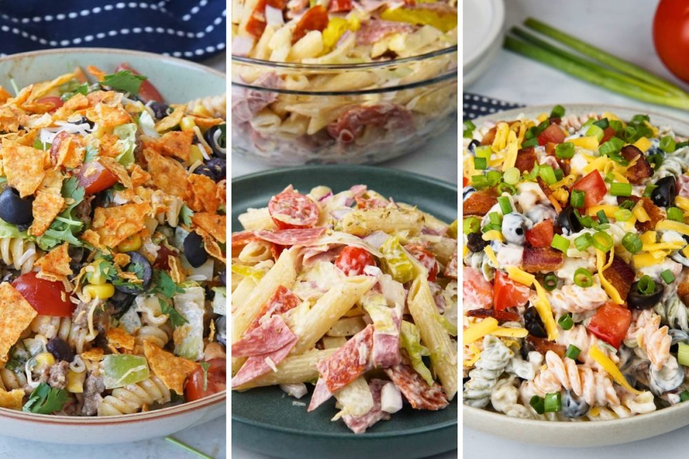 taco, Italian grinder, and bacon ranch pasta salads