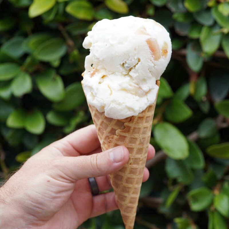 pear ice cream in a waffle cone