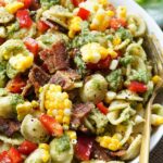 pesto corn pasta salad with bacon
