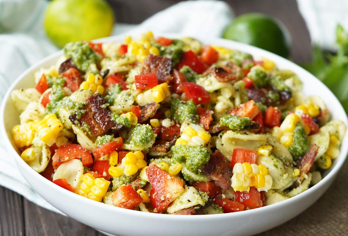 pesto corn pasta salad with bacon