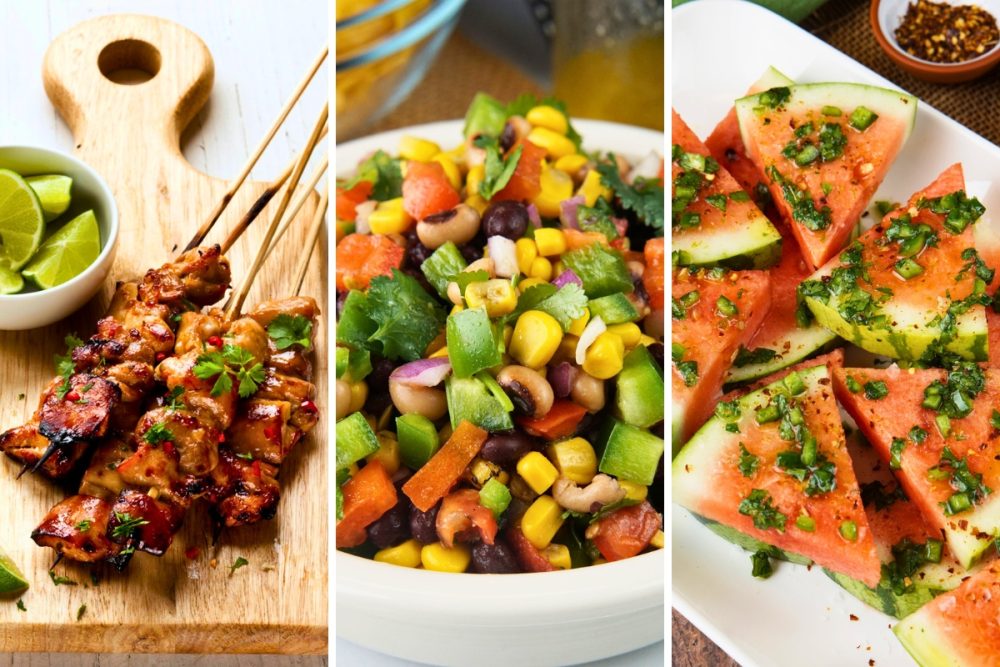 pad Thai chicken skewers, cowboy caviar, and spicy watermelon