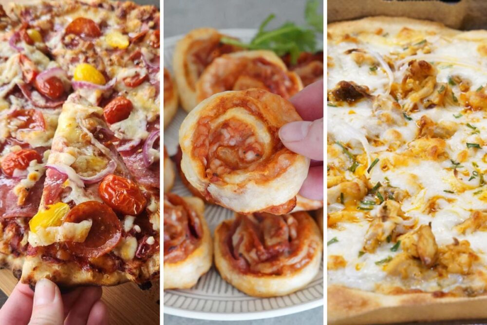 Hot honey pizza, pizza pinwheels, and buffalo chicken pizza