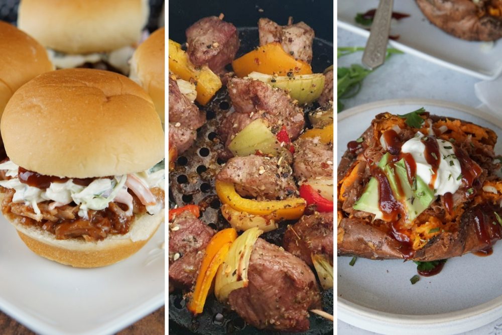 Pulled pork sliders, pork kebab, and pulled pork stuffed sweet potatoes
