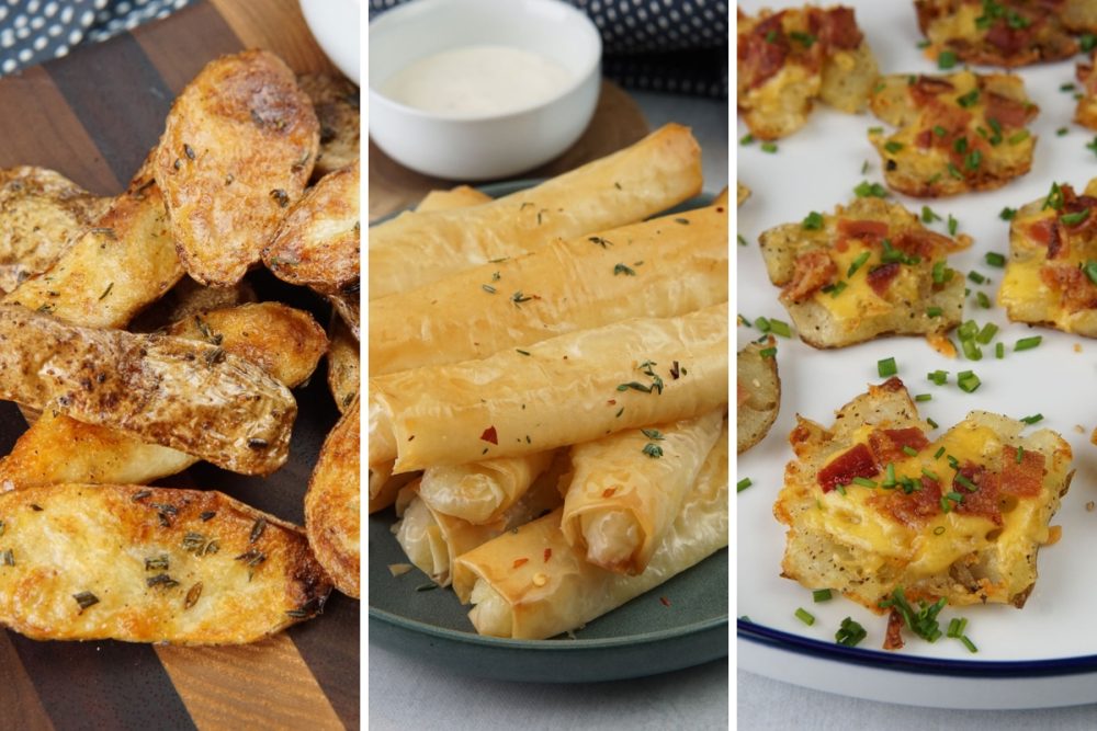 Potato skin dippers, potato and cheese phyllo rolls, and loaded smashed potatoes