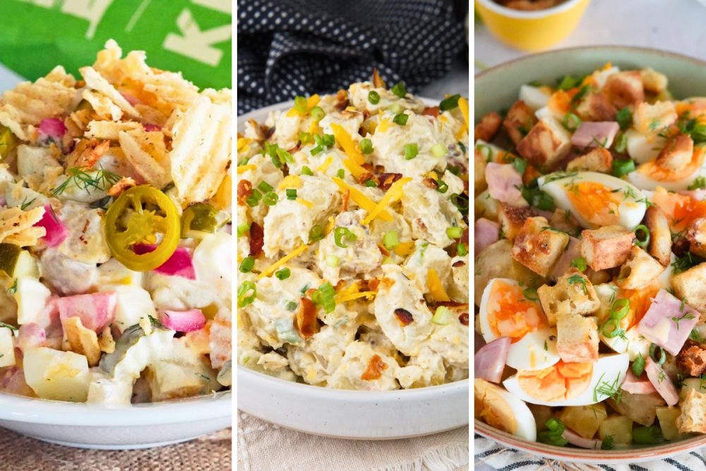 dill pickled potato salad, loaded baked potato salad, eggs benedict potato salad