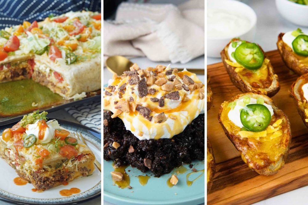 crunch wrap casserole, decadent chocolate cake, and potato skin chili boats