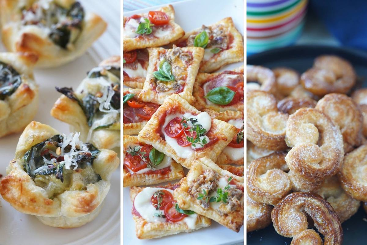 spinach artichoke tartlets, puff pastry pizzas, and palmiers