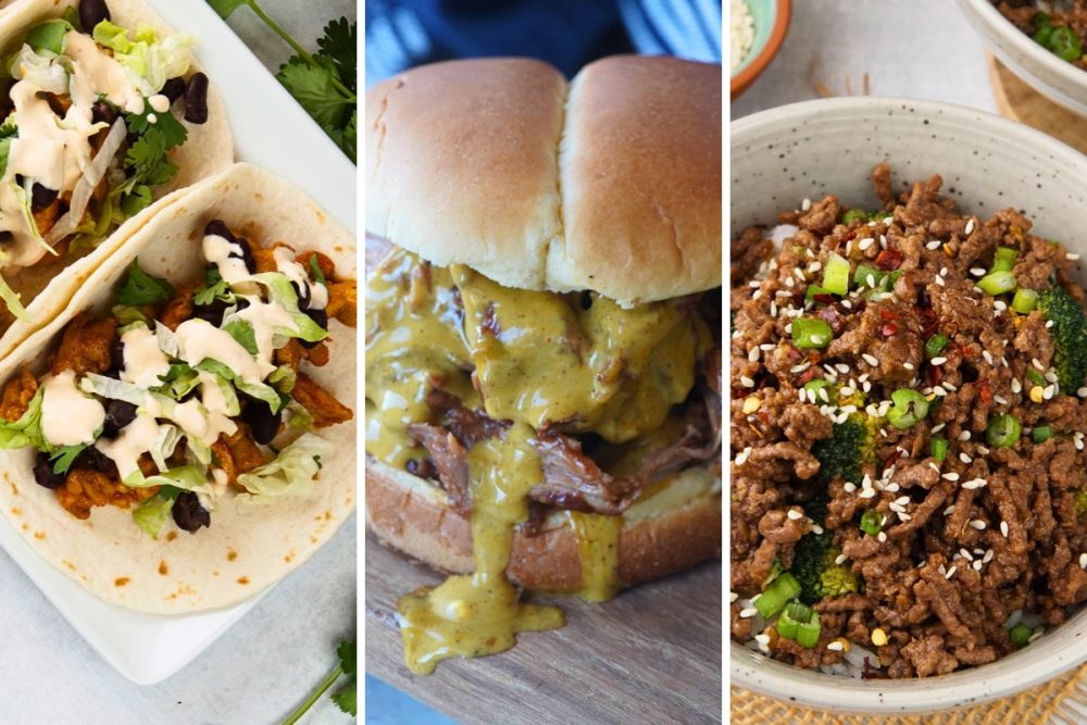 chipotle chicken tacos, Carolina bbq sandwiches, and beef and rice bowls