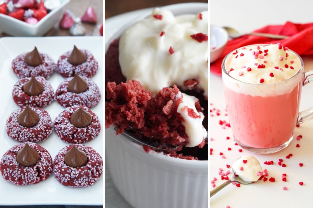 Red velvet kiss cookies, mug cake, and hot chocolate