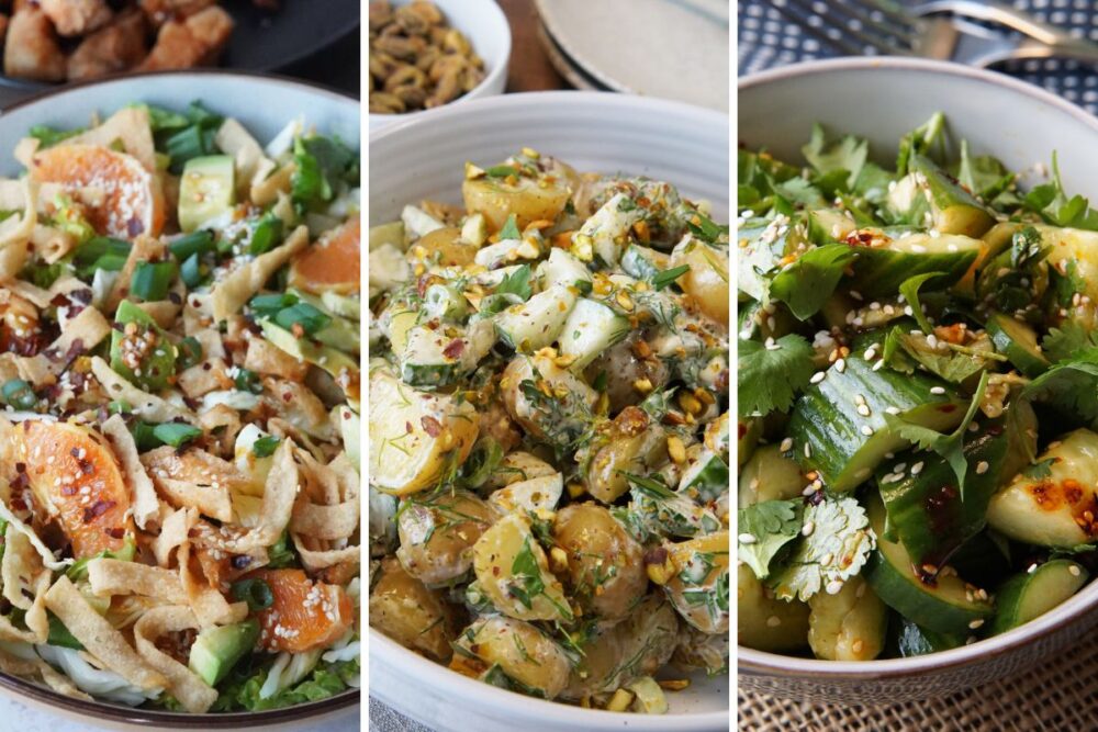 sesame ginger salad, herby potato salad, and smashed cucumber salad