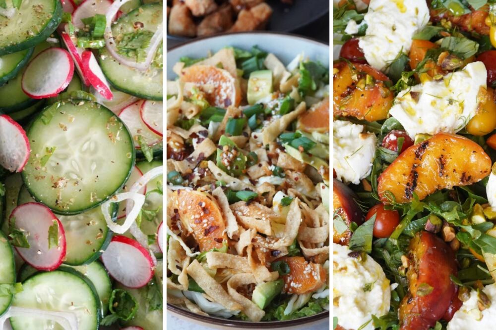 Mediterranean cucumber salad, sesame ginger salad and peach and burrata salad.
