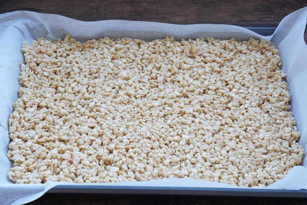 Rice Krispies treats in the pan