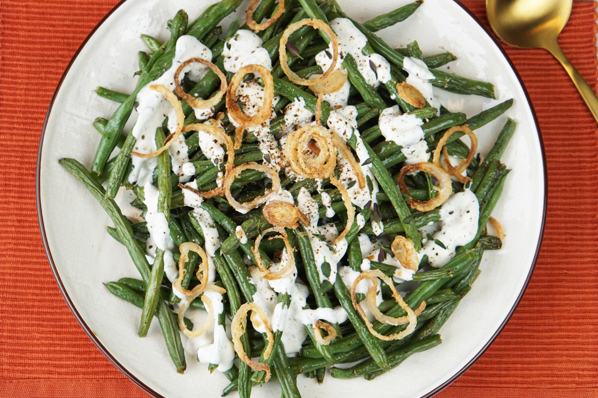 Roasted green beans with buttermilk dressing and crispy shallots