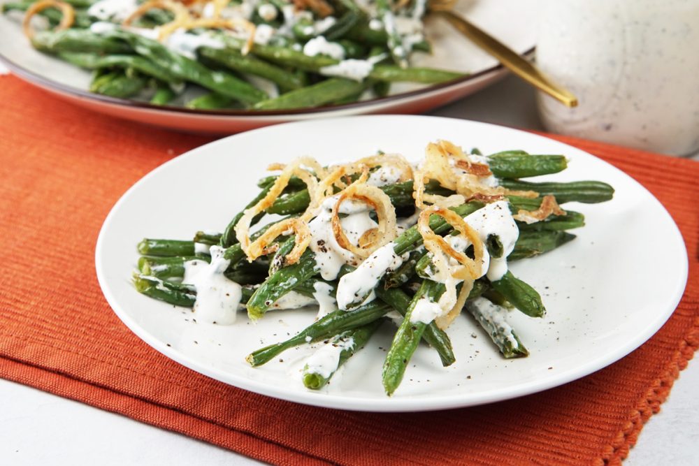 Roasted green beans with buttermilk dressing and crispy shallots