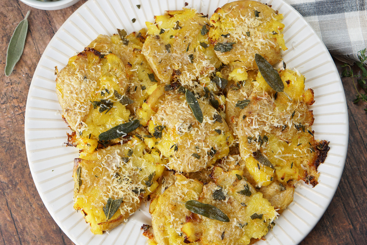 Crispy smashed sage potatoes