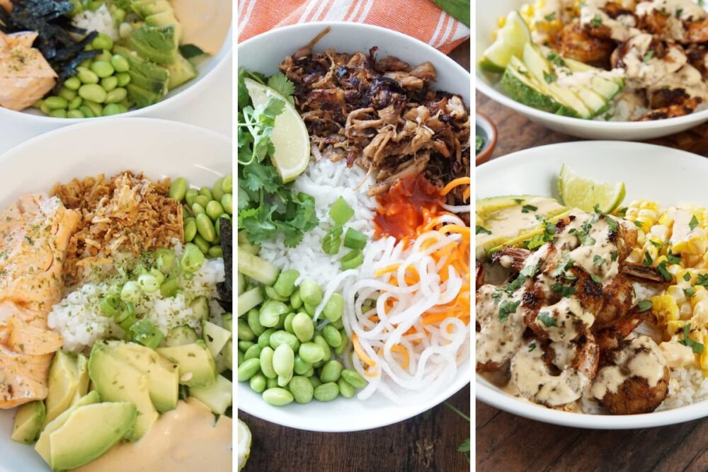 Sushi salmon bowl, Vietnamese pork bowl, and grilled shrimp bowl.