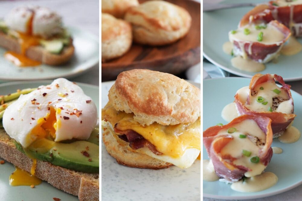 Egg toast, egg and bacon biscuit, and eggs benedict cups