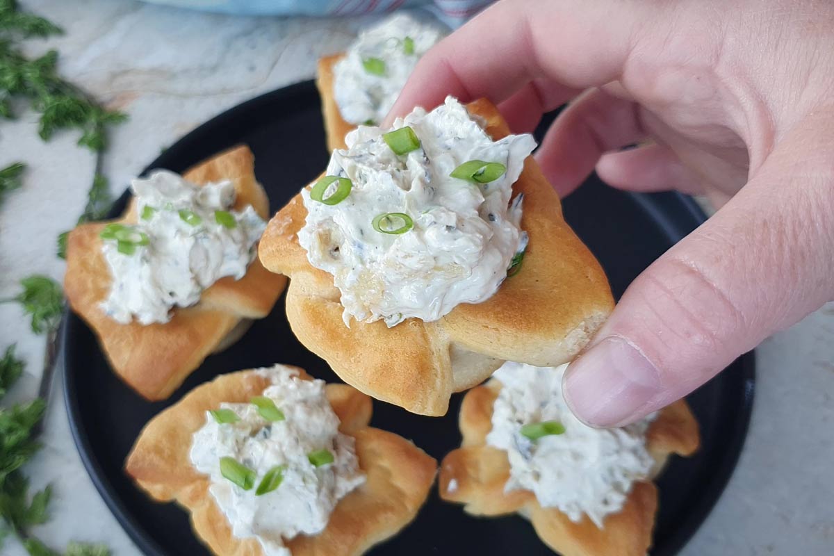 Charred scallion dip crescent roll bites