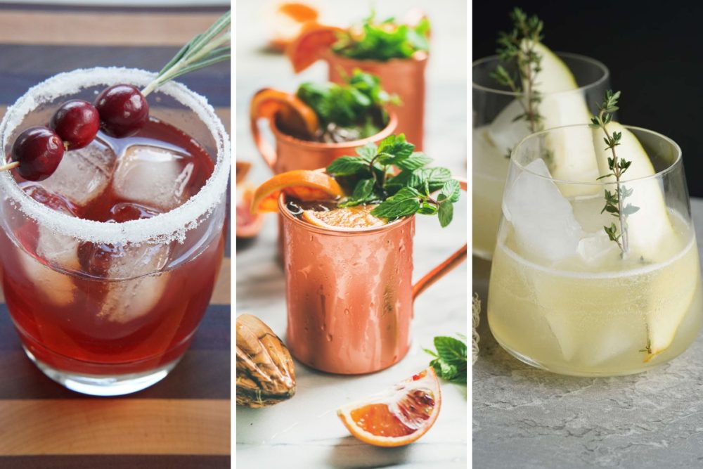 Cranberry old fashioned, blood orange mule, and pear cocktail