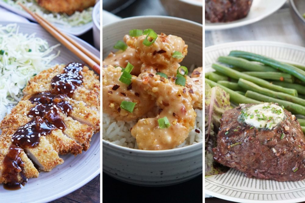 Chicken katsu, bang bang shrimp, and filet mignon.