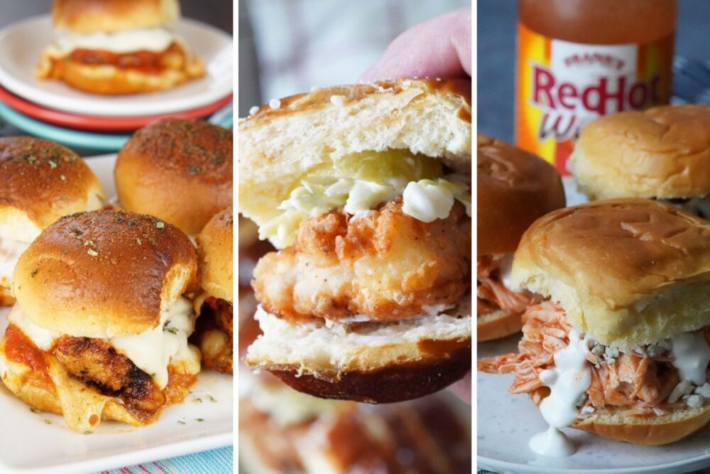 chicken parmesan sliders, fried chicken sliders, and buffalo chicken sliders
