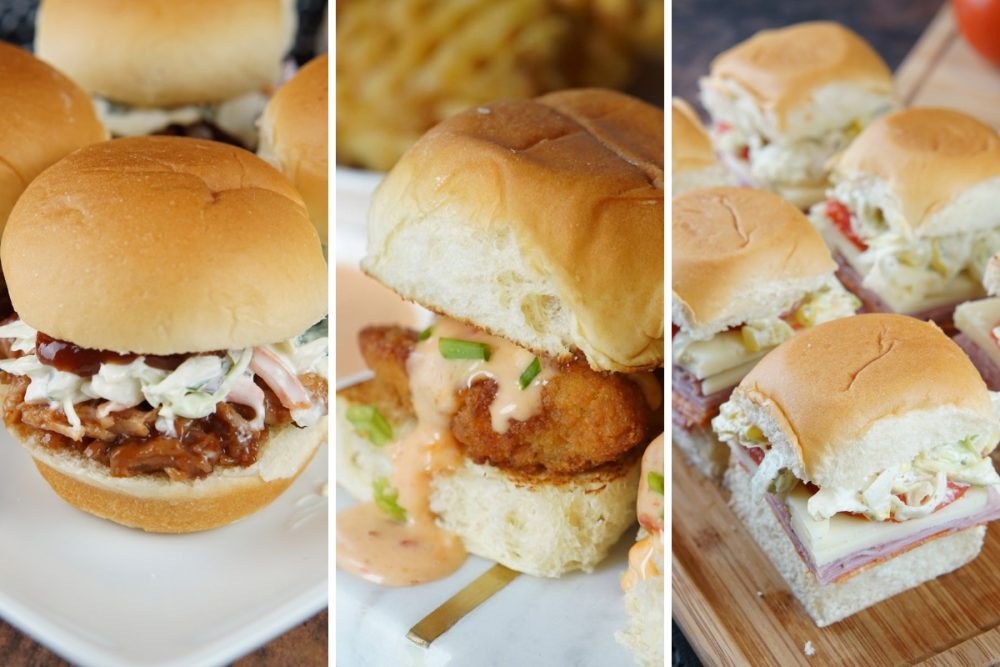 Pulled pork slider, bang bang chicken sliders, and Italian grinder sliders