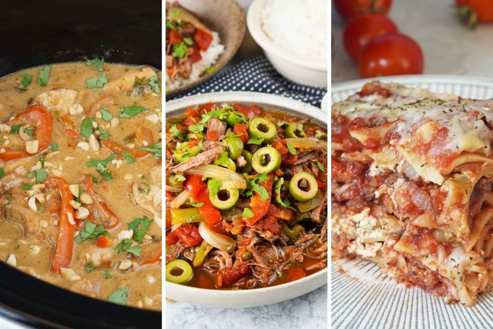 Thai peanut chicken, ropa vieja, and lasagna
