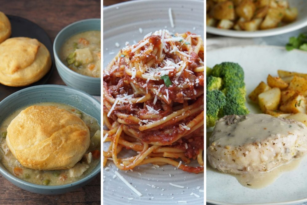 crock pot chicken pot pie, spaghetti, and pork chops