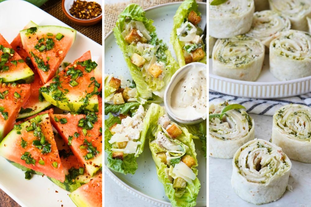 spicy watermelon, caesar salad cups, and pesto turkey pinwheels