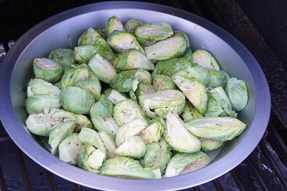 raw Smoked brussels sprouts in the smoker
