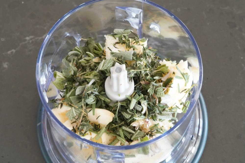 Mixing compound butter ingredients in the food processor