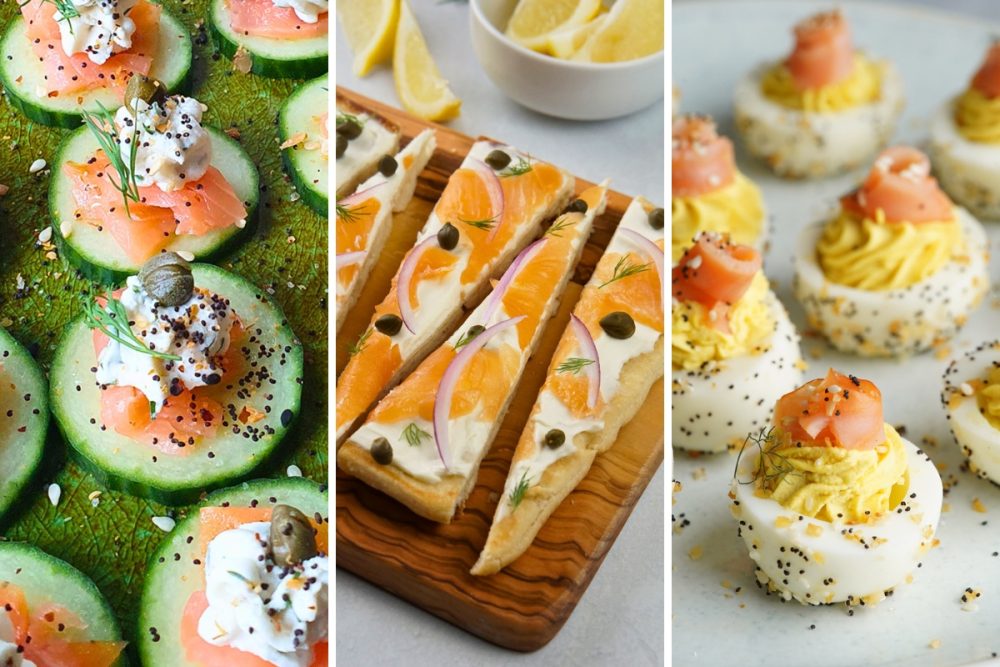 smoked salmon cucumber bites, flatbread and deviled eggs