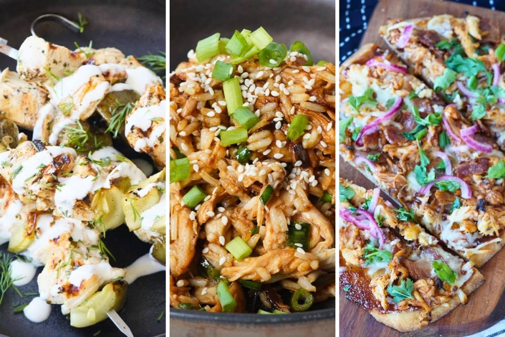 chicken and pickle skewers, scallion rice, and bbq chicken flatbread