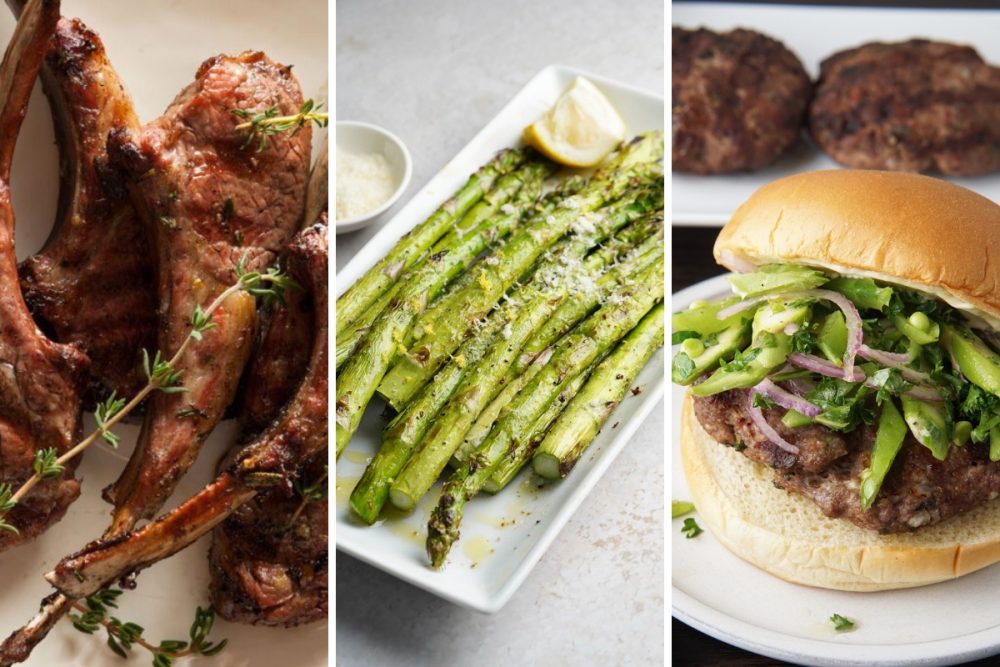 grilled rack of lamb, asparagus, and lamb burger