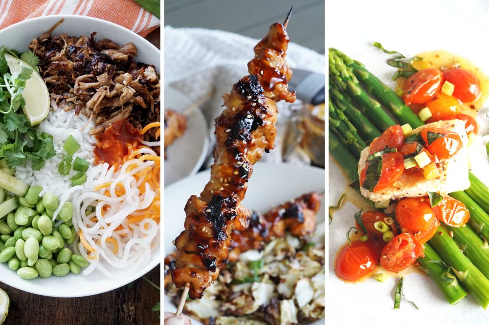 Vietnamese bowl, chicken skewers, and cod with tomatoes and asparagus.
Spring dinner recipes