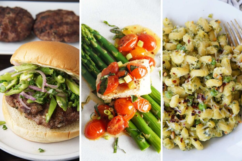 grilled lamb burger with spring slaw, cod in tomato lemon butter, and lemon ricotta pasta