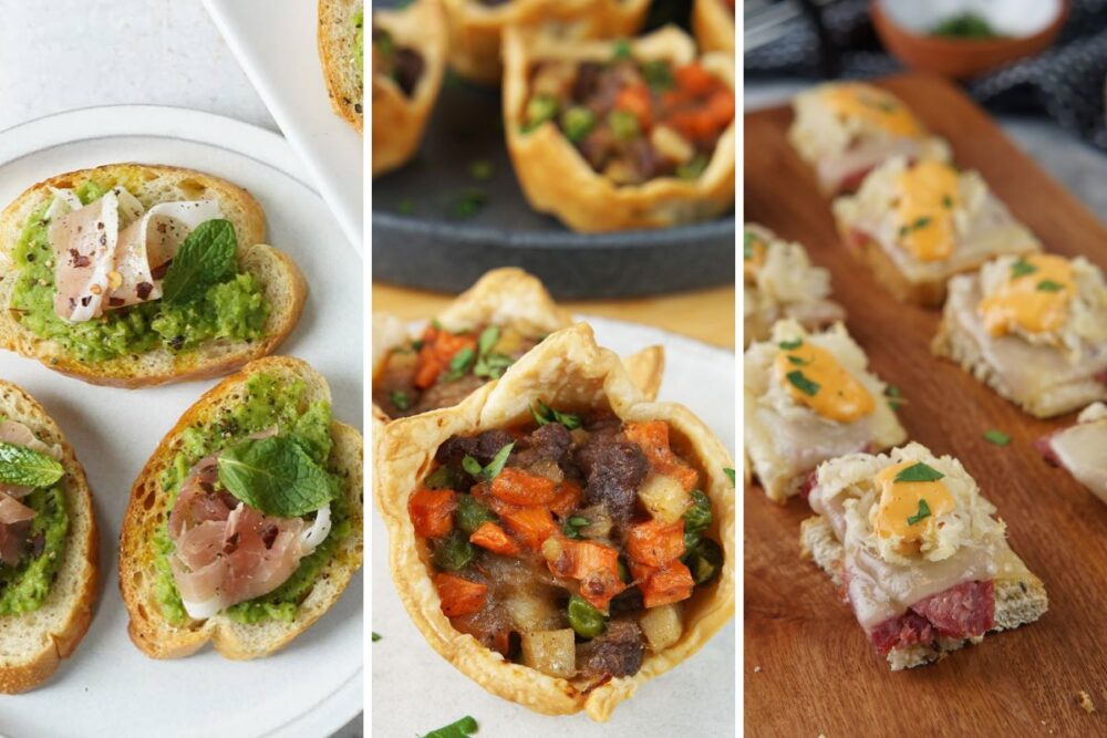 whipped pea puree crostini, beef and potato pies, and reuben bites