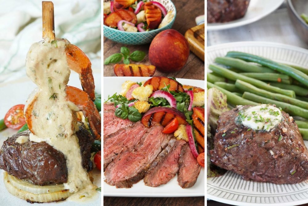 steak and shrimp, grilled flank steak, and filet mignon.